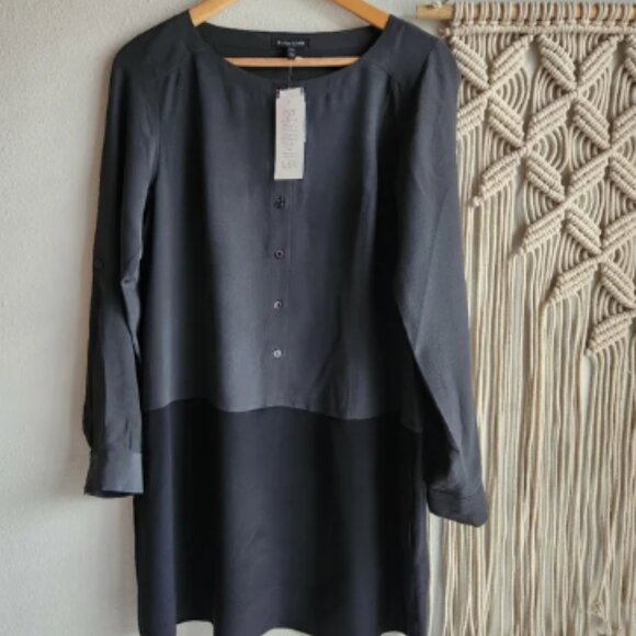 Eileen Fisher Petites Black Gray Color Block Silk Shirt Dress PM NWT - Picture 1 of 7